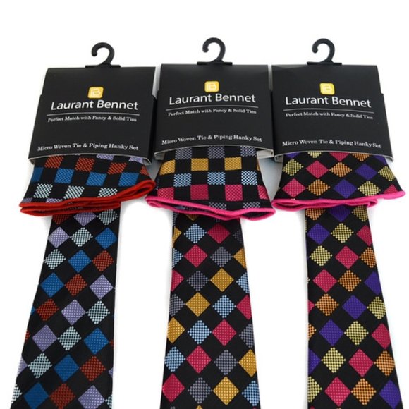 2 PC LAURANT BENNET Multi-Purple Checks Necktie & Matching Hanky Set - Picture 4 of 10